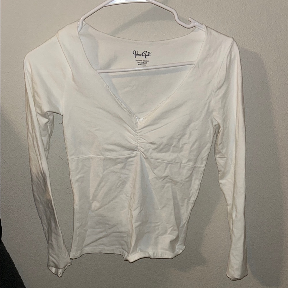 Brandy Melville White Fitted Long Sleeve Blouse with Tie Front